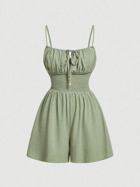 Women's Sage Green Smocked Waist Cami Romper w/ Tie Front, Large Like New Shein